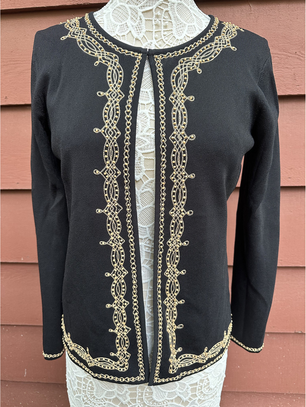 Grace Dane Lewis Black Cardigan with Gold Embroidery Elegant Formal Sweater